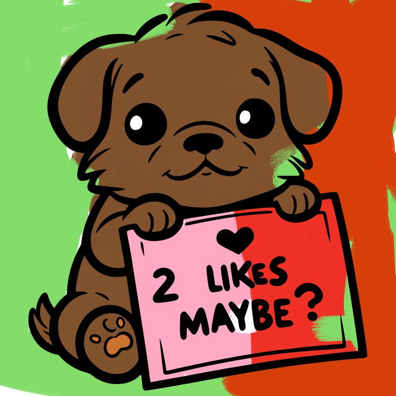 a puppy holding a sign that says 2 likes maybe?