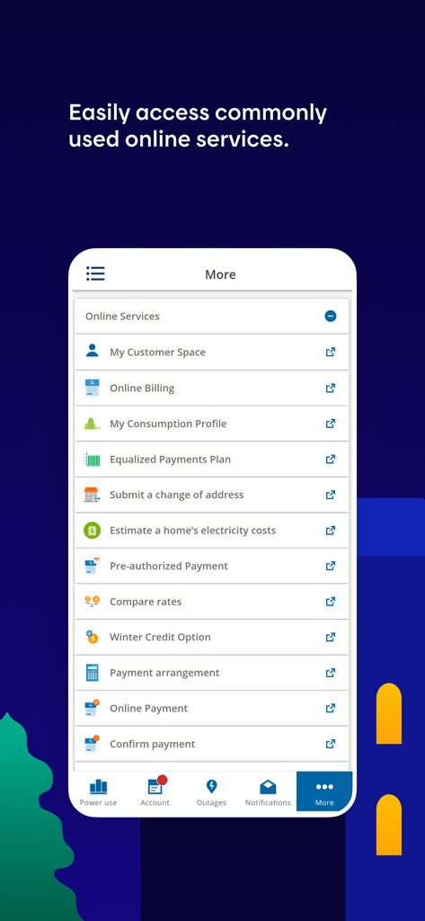 Hydro-Québec - Hydro-Quebec app screenshot showing the More menu with a list of online services including billing and payment options