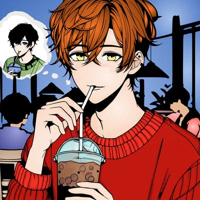 relistic anime guy with medium length hair in a sweater drinking boba in a restaurant
