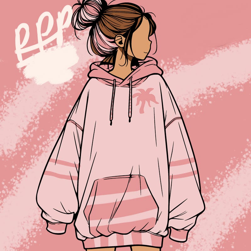 realistic girl with a oversized sweatshirt on and a bun