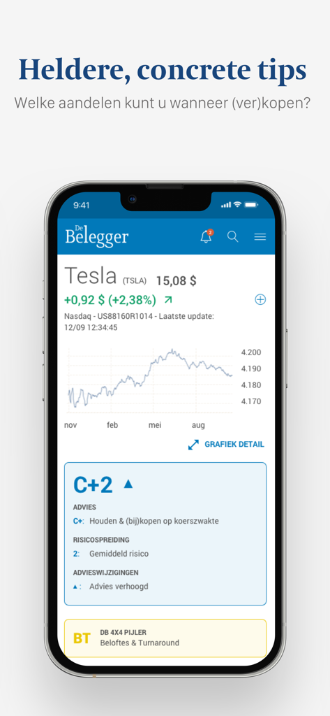 De Belegger app interface showing Tesla stock analysis and investment recommendations