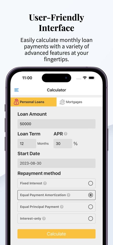 Personal loan calculation screen in Bear Loan Calculator app
