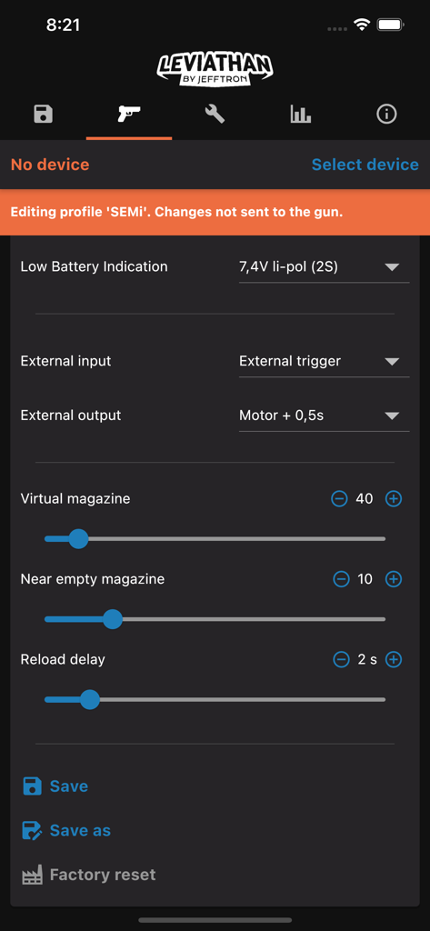 Leviathan by JeffTron app interface showing settings for airsoft gun battery magazine and reload delay