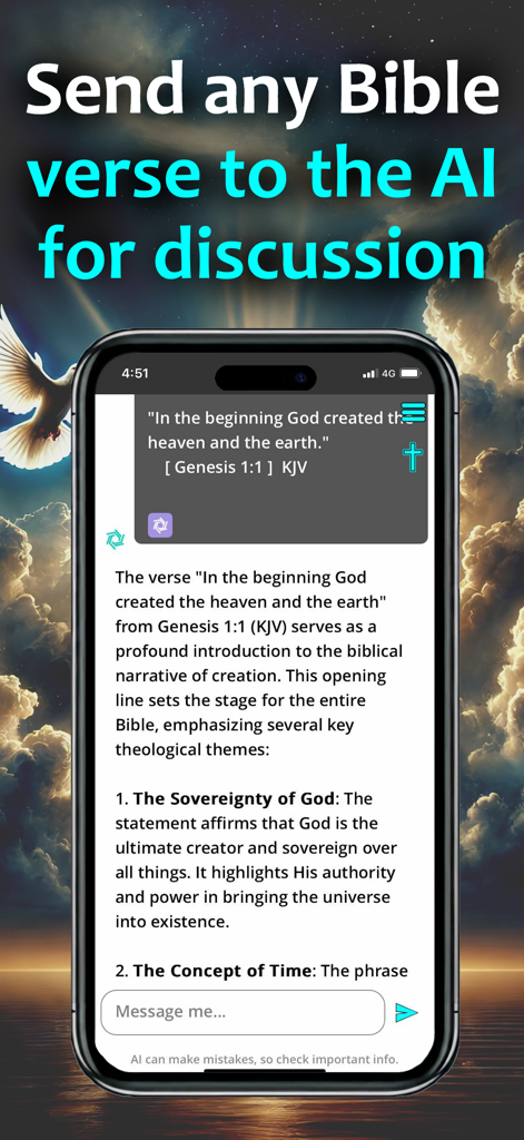 Bible & AI: KJV with Apocrypha - Screenshot showing a bible verse discussion where an AI provides a detailed theological explanation of Genesis 1:1 in the Bible and AI app.