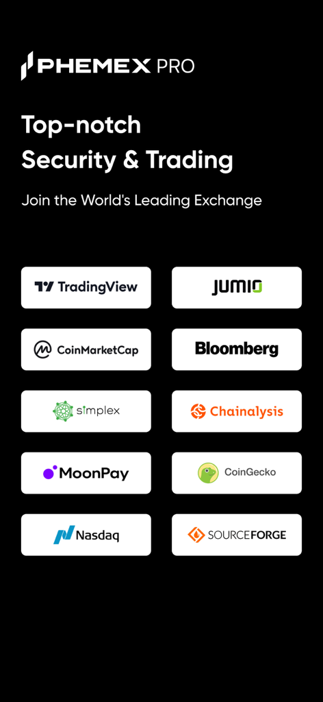 Phemex Pro: Trade BTC & Crypto - Phemex Pro 보안 및 거래 파트너 로고 - Nasdaq, Bloomberg 및 TradingView 포함