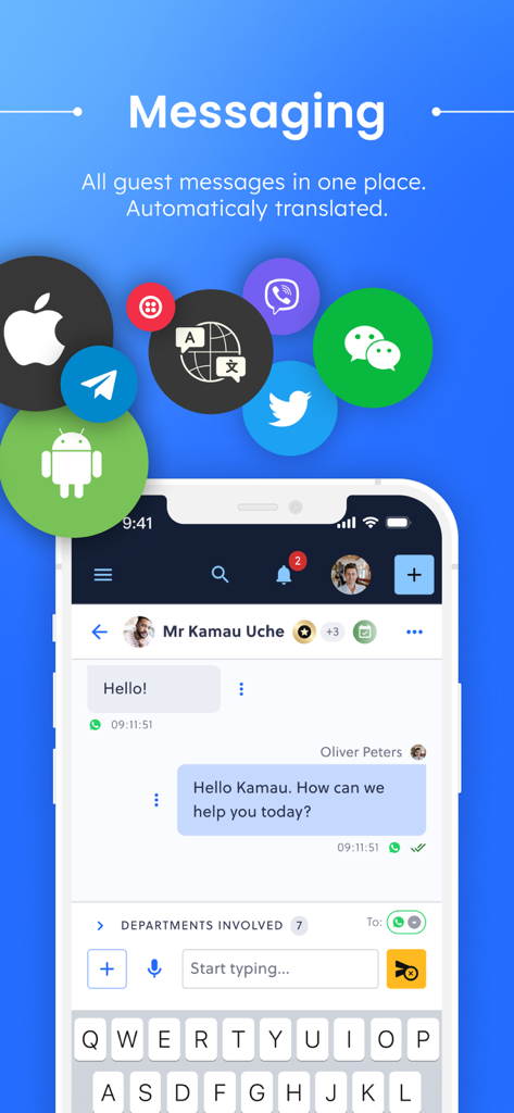 Alliants Staff App - Unified guest messaging screen of the Alliants Staff App showing multi-channel support and automatic translation.