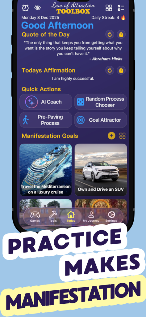 引き寄せの法則ツールボックスアプリのダッシュボード。引き寄せの目標、毎日のアファメーション、AIコーチ機能が表示されています。