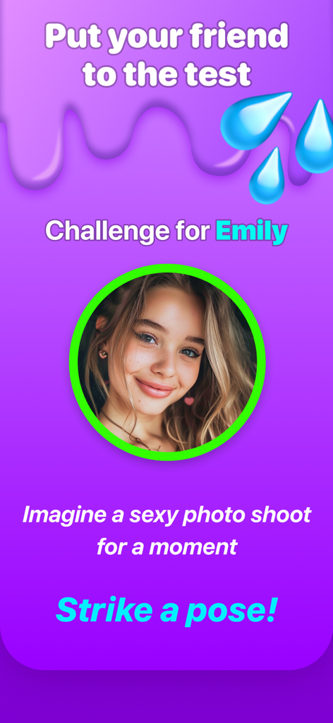 Écran de l'application Party Lab présentant un défi "strike a pose" pour une joueuse nommée Emily