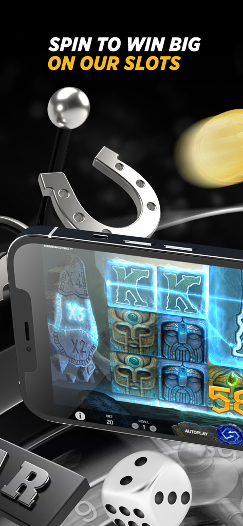 STN Play by Station Casinos - Smartphone screen showing a slot machine game from the STN Play app with a lucky horseshoe and dice