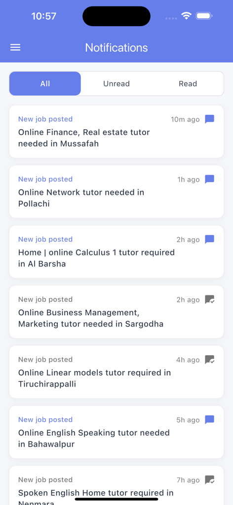 TeacherOn - TeacherOn mobile app screen displaying a list of recent tutoring job notifications for various subjects and locations.