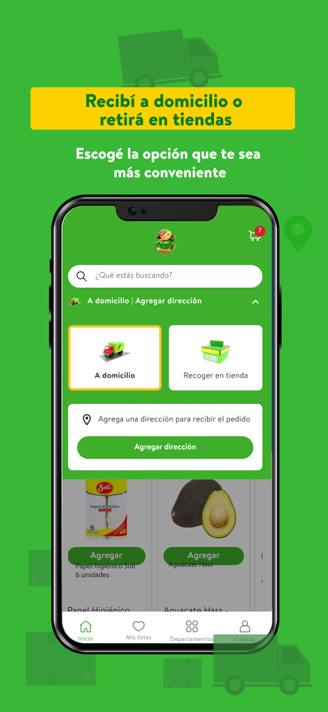 Maxi Palí - Maxi Pali app screen displaying home delivery and store pickup options.