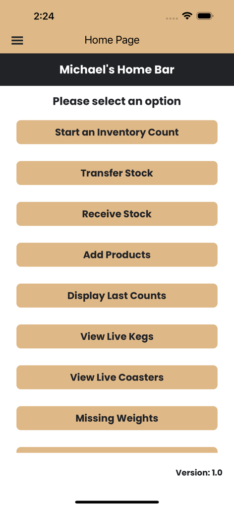 Main menu of the Barventory app showing options for inventory count stock transfer and live keg monitoring