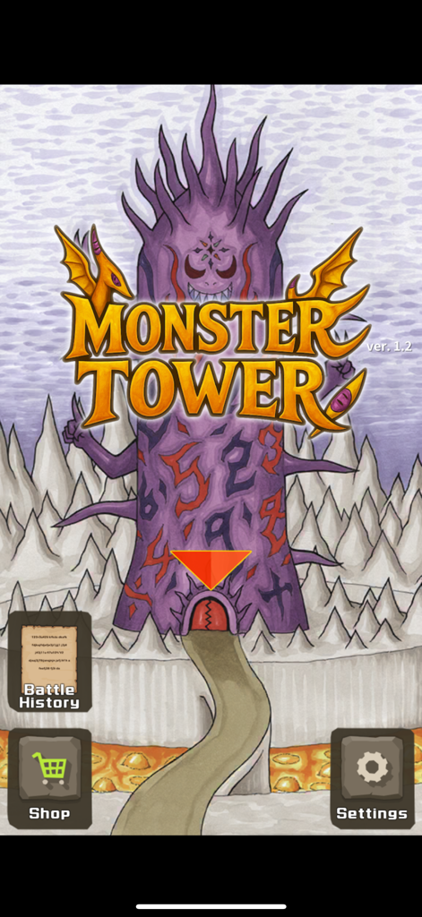 Monster Tower: Math Battle RPG - Pantalla del título principal de Monster Tower Math Battle RPG que muestra una torre de monstruos morada con números y botones para tienda y configuración