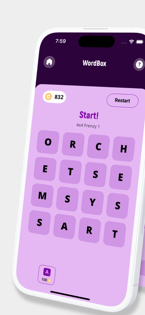 Strands WordBox Word Search - A screenshot of the Strands WordBox mobile game showing a 4x4 letter grid in Frenzy mode on a minimalist purple interface