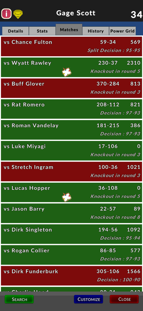 Ultimate Boxing Manager - Ultimate Boxing Manager match history screen showing fight results and knockout details for a boxer
