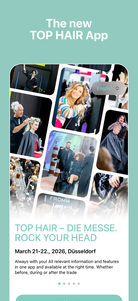 뒤셀도르프의 전문 헤어 스타일리스트와 이벤트 날짜를 특징으로 하는 TOP HAIR Fair 앱의 소개 화면
