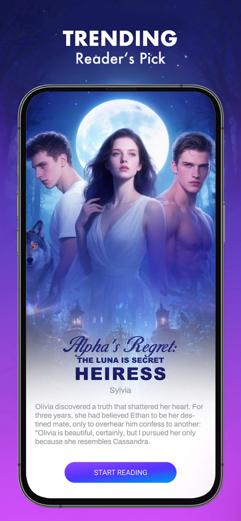 A smartphone screen displaying a trending werewolf romance novel titled Alpha's Regret featuring two men, a woman, and a wolf under a full moon.