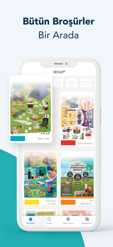 Smartphone screen displaying various digital retail brochures and weekly ads in the Akakce shopping app