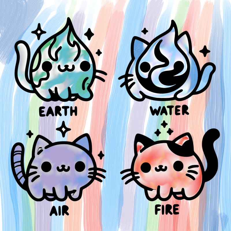 4 cats that represent the different elements, earth, water, air, and fire