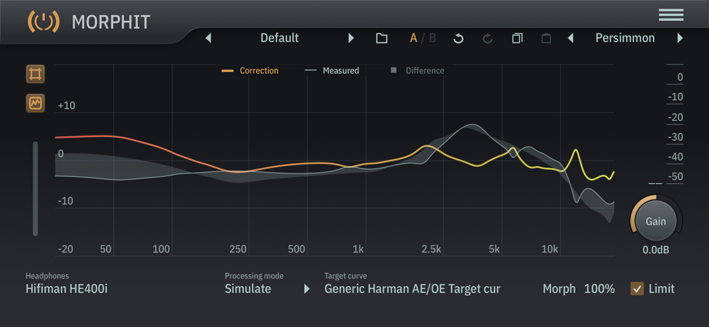 TB Morphit - TB Morphit app interface showing a frequency response graph for headphone correction and simulation