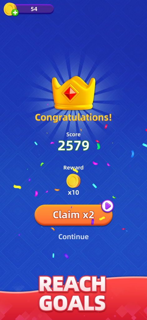 2248 Blast - Number Merge Game - Uno schermo di congratulazioni nel gioco 2248 Blast che mostra un punteggio di 2579 e una ricompensa di 10 monete d'oro