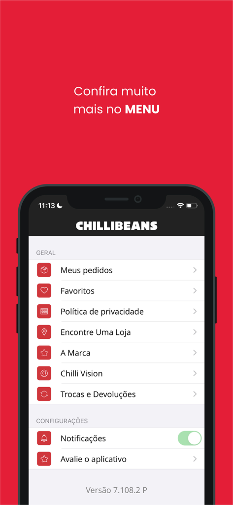 Chilli Beans - Interface do usuário do menu do aplicativo móvel Chilli Beans mostrando configurações e opções de navegação em um smartphone