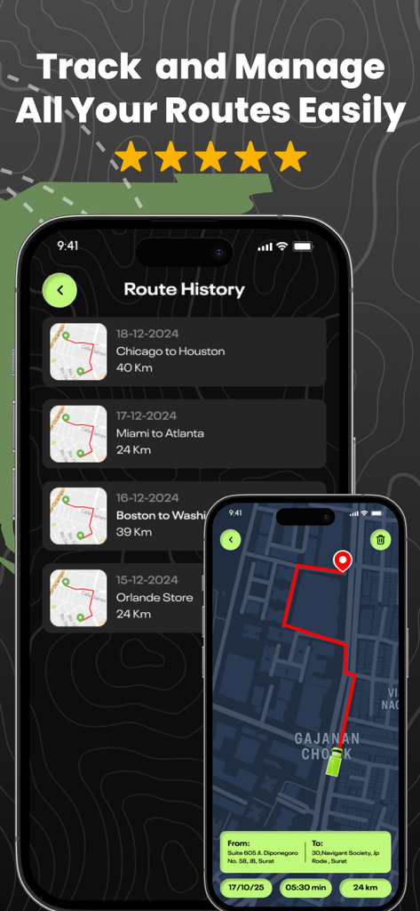 Truck Route GPS & IFTA - Interfaz de la aplicación Truck Route GPS que muestra el historial de rutas y la navegación en mapa en vivo