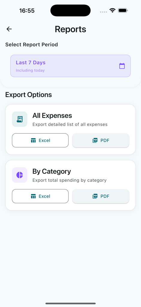 Daily Expense Tracker - Financial reports screen of Daily Expense Tracker showing Excel and PDF export options for spending data.