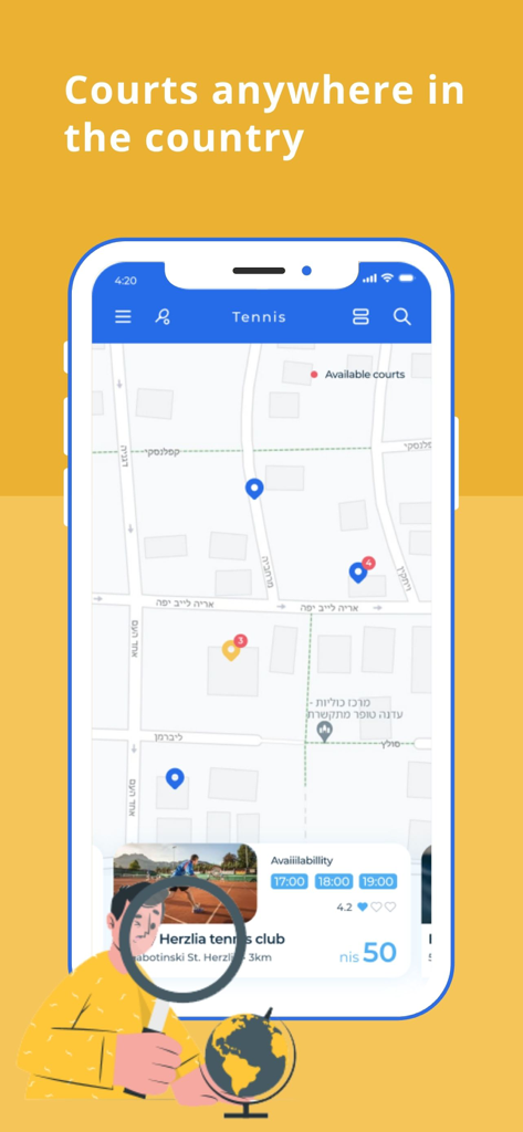Lazuzアプリのマップインターフェース。利用可能なテニスコートを場所のピンとクラブの空き状況とともに表示。