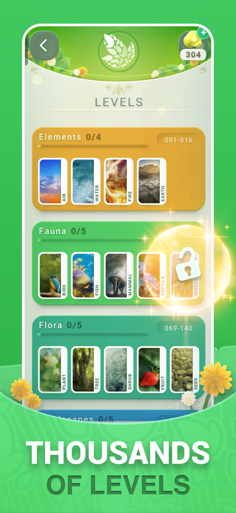Word Block Crush Puzzle level selection screen showing nature themed categories and thousands of levels