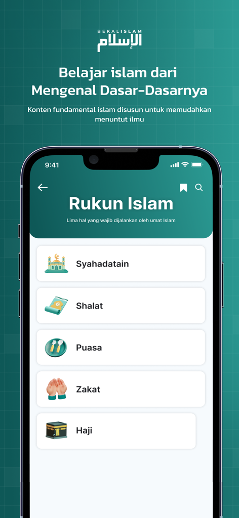 Bekal Islam mobile app interface showing the menu for the five pillars of Islam