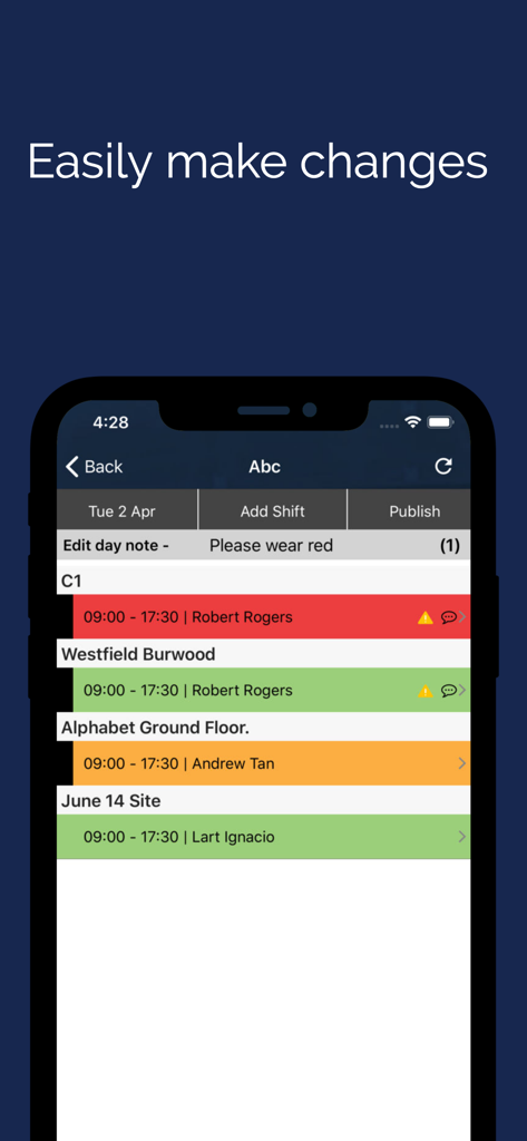 Interfaz de la aplicación Guardhouse que muestra la programación de turnos de guardias de seguridad y las actualizaciones de listas.