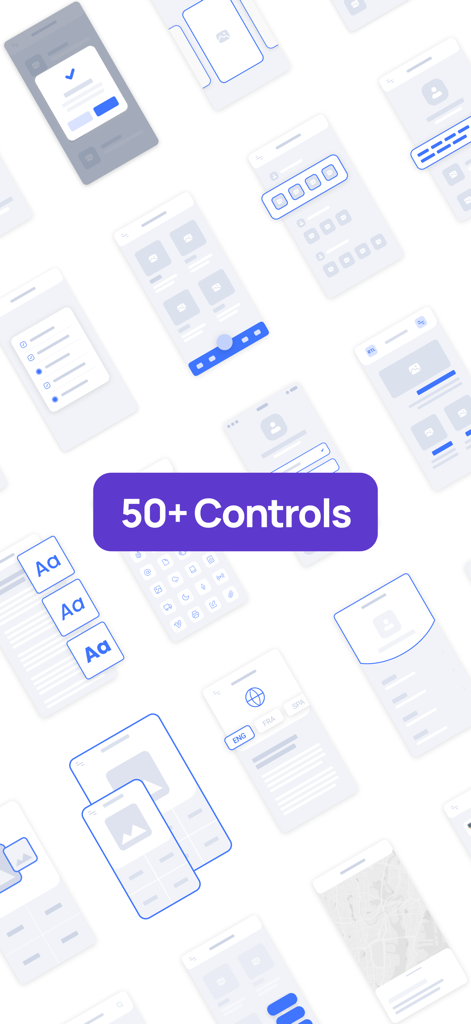 Grial UIKit - A collage of various mobile UI wireframes and components for NET MAUI developers featuring a badge that says 50 plus controls