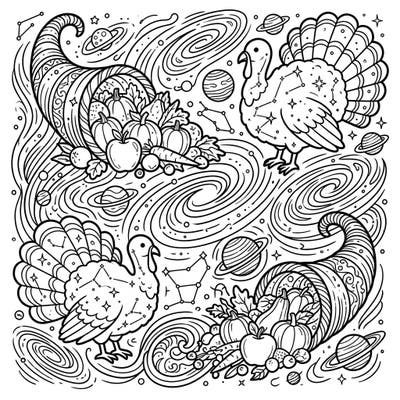 Prepare for an extraordinary coloring experience as Thanksgiving meets the cosmos. This unique page features celestial turkeys and cornucopias set amidst swirling galaxies, inviting you to blend traditional festivities with universal wonder.