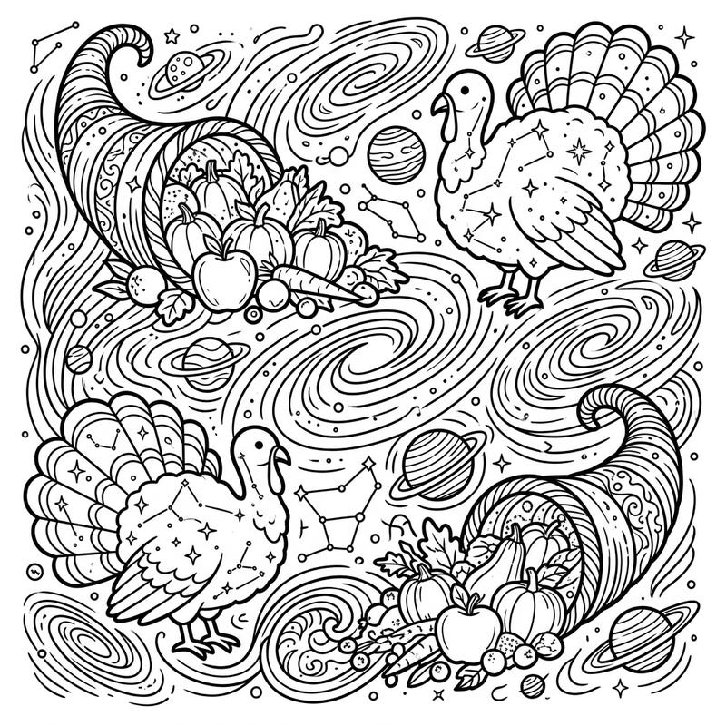 Prepare for an extraordinary coloring experience as Thanksgiving meets the cosmos. This unique page features celestial turkeys and cornucopias set amidst swirling galaxies, inviting you to blend traditional festivities with universal wonder.