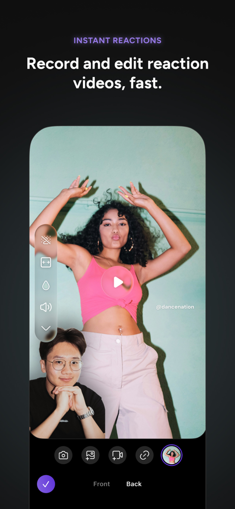 Un'interfaccia mobile dell'app Detail AI Video Editor che mostra la funzione di registrazione video di reazione istantanea con un layout picture-in-picture.