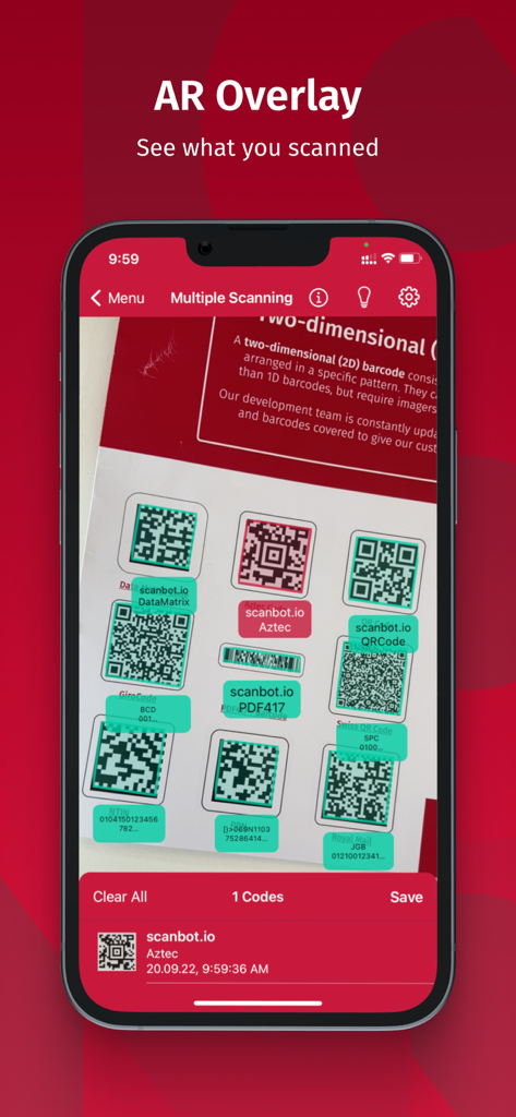 Scanbot SDK app showing the AR overlay feature for scanning multiple barcodes