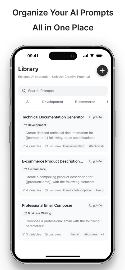 My PromptHub app interface showing a library of organized AI prompts with categories and tags