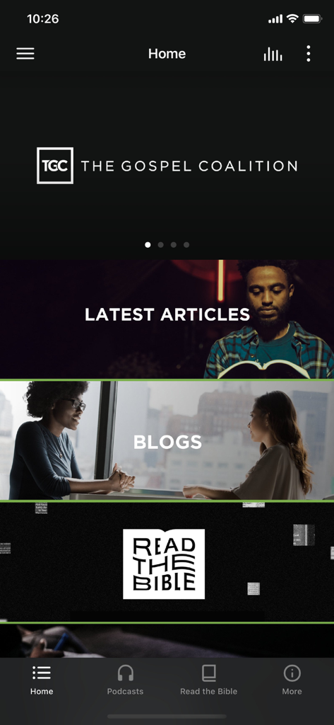 The Gospel Coalition - Home screen of The Gospel Coalition app showing latest articles and blogs sections
