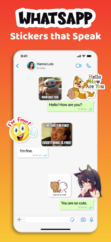 Sticker Maker・Stickers & Emoji - Una interfaz de chat de WhatsApp que demuestra el uso de stickers y memes personalizados creados con la aplicación