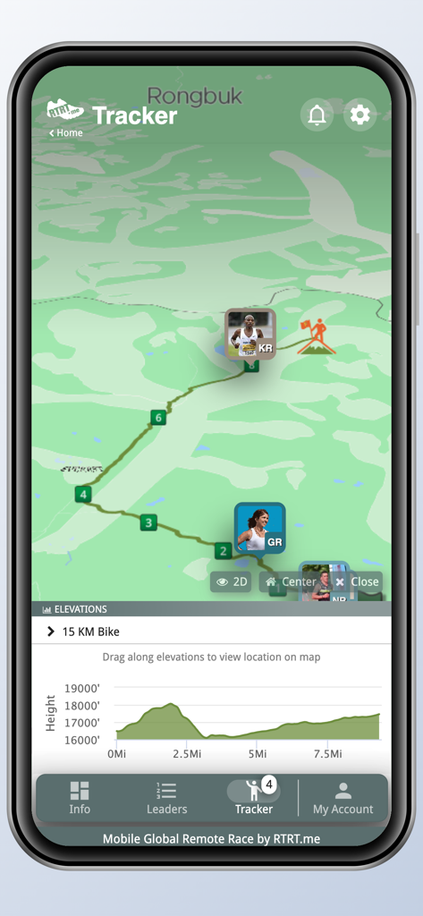 RTRT.me - Real-time race tracking map showing participant positions and course elevation profile