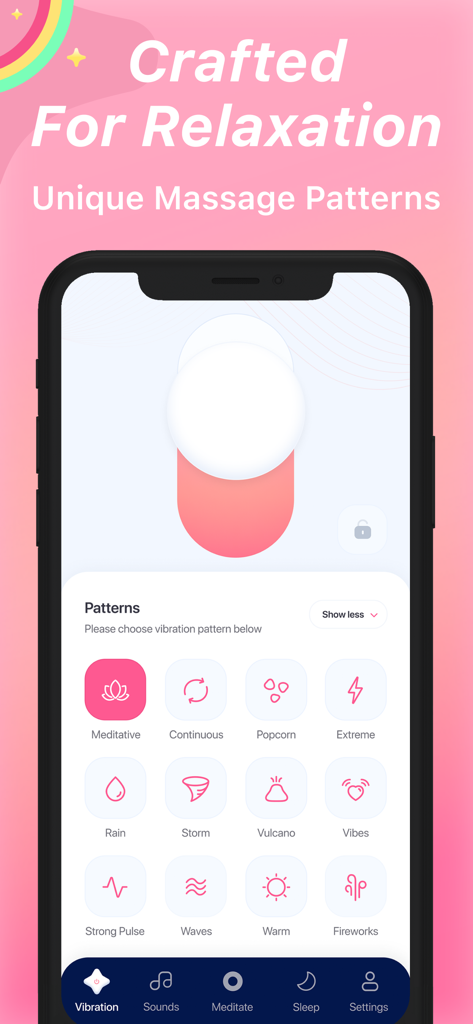 iVibrate - Vibrator Phone Spa - Interface of the iVibrate app showing various unique massage vibration patterns for relaxation.