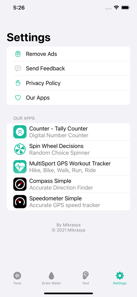 Tone Generator: Frequency App - Settings screen of the Tone Generator Frequency App showing options to remove ads and view other utility apps by the same developer.