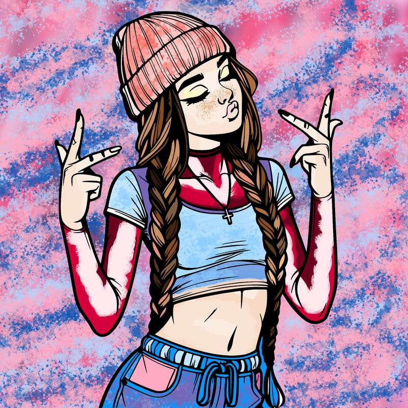 realistic teenage girl with braids and a beanie and crop top doing 🫶🏼