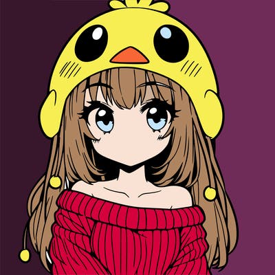 anime girl with chick shaped hat with sweater with bare shoulders with bangs covering them one eye with low tail