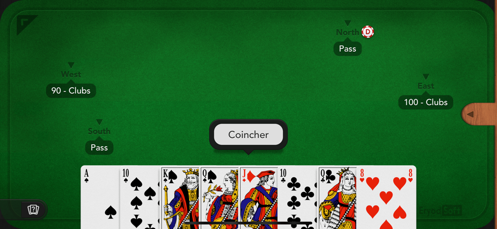 Coinche / Belote Contrée + - Bidding phase in the Coinche and Belote Contree mobile card game app