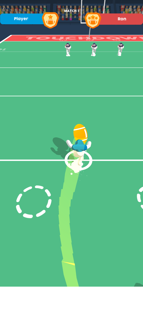 Gameplay of Ball Mayhem showing a player character running with an American football towards the touchdown zone