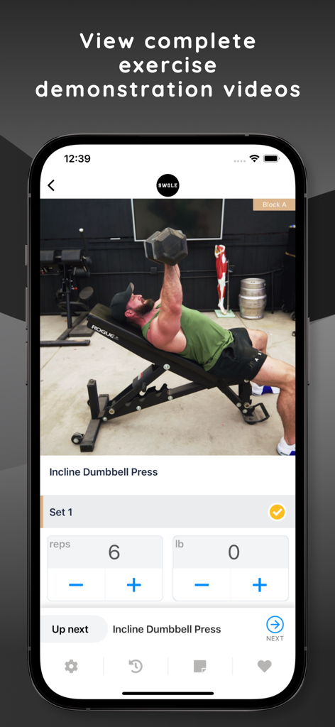 Get Swole - A screen from the Get Swole app displaying a video demonstration of an incline dumbbell press with a logging section for reps and weight.