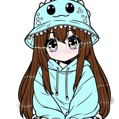 girl with anime shaped eyes with a dinosaur bucket hat oversized sweatshirt long straight hair