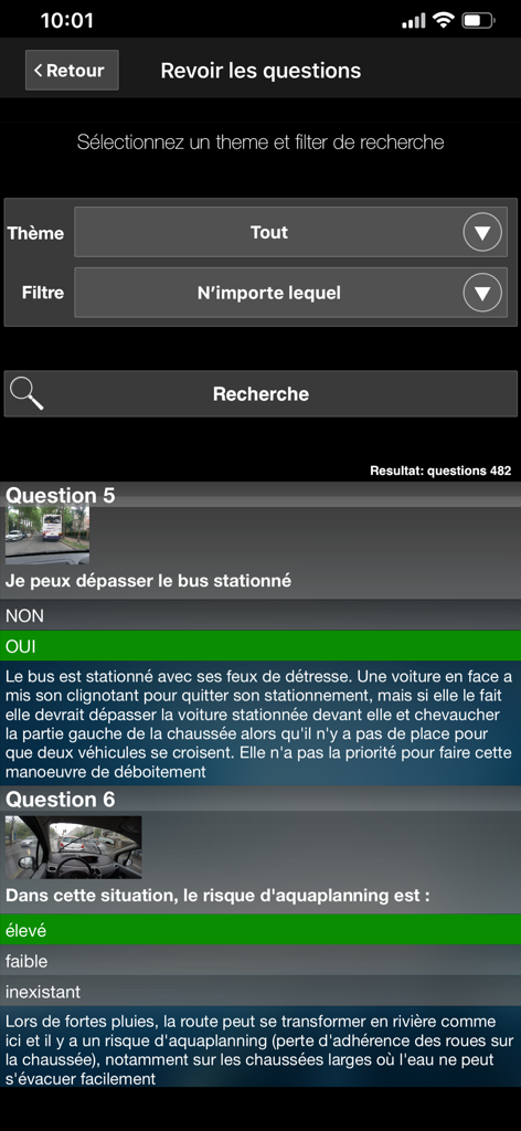 Quiz Code de la Route - Review section of the app showing driving test questions and explanations